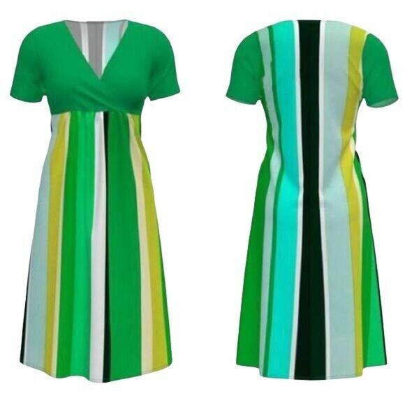 Bella Flore Womens Midi Dress Striped Empire Waist Wrap Front Green Large - Picture 2 of 10